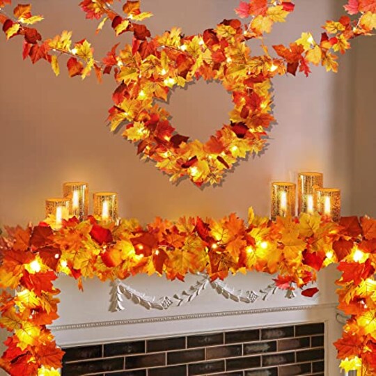 HINZER; 2 Pack Fall Decor Maple Leaves Garland with Lights Battery Operated Fall Thanksgiving Decorations Garland for Home Porch Front Door Table Mantle Outdoor Autumn Harvest Halloween Decor, 11.8Ft 40LED; Category:Halloween Garland; Image:1
